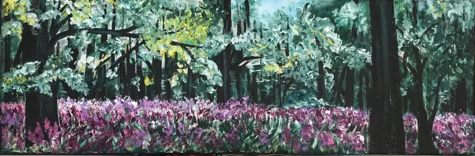 Huile sur toile au format très atypique 60cmx20cm Les Lilas. Ouvre signée vraiment superbe très finement réalisée.                                                             Oil on canvas in a very unusual format 60cmx20cm Les Lilas. Truly superb signed work, very finely made.