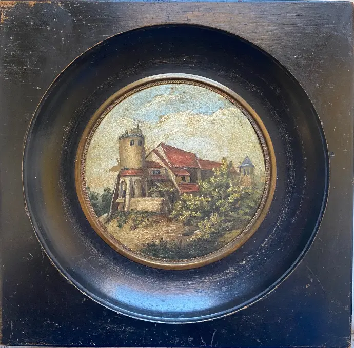 Peinture à l'huile en miniature , du XIXème siècle, représentant un moulin à huile de l'époque médiévale, encadrement d'origine en bois noirci naturel. Pièce très rare car il existe beaucoup de repro et non des peintures. En excellent état.           Miniature oil painting, from the 19th century, representing an oil mill from the medieval era, original frame in natural blackened wood. Very rare piece because there are many reproductions and not paintings. In excellent condition.