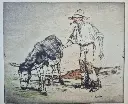 Lithographie originale polychrome, signée et numérotée Armand Coussens." L'âne et son meneur." ( 1881-1935). peinte au vernis mou de couleur. Dimension 24x28cm                                Original polychrome lithograph, signed and numbered Armand Coussens."The donkey and its leader." (1881-1935). painted with soft colored varnish. Size 24x28cm