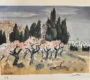 Estampe signée Yves Brayer (1907-1990) et numérotée 21/100. Intitulée " Alpilles et amandiers", réalisée vers 1970. Elle mesure 42cmX30cm.                                            Print signed Yves Brayer (1907-1990) and numbered 21/100. Entitled "Alpilles et amandiers", made around 1970. It measures 42cmX30cm.