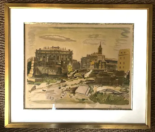Lithographie signée Yves Brayer, Vue animée des ruines du forum romain
Signée en bas à droite, épreuve d'artiste. numéroté 25/242. Très belle lithographie de 1973, réalisé sur papier Japon.
50 x 65 cm de dessin dans un cadre de toute beauté en baguettes de laiton, à double relief martelé. Le cadre en entier mesure 75cm par 64cm.Achetée en galerie à Paris, boulevard Hausmann en 1980.  Lithograph signed Yves Brayer, Animated view of the ruins of the Roman forum Signed lower right, artist's proof. Numbered 25/242. Very beautiful lithograph from 1973, made on Japanese paper. 50 x 65 cm of drawing in a beautiful frame made of brass rods, with double hammered relief. The entire frame measures 75cm by 64cm. Purchased in a gallery in Paris, boulevard Hausmann in 1980.