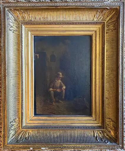 Huile sur panneau XVIIIème siècle, école Française. " Le vannier" , œuvre signée mais illisible. Cadre d'origine et d'époque en bois et stuc doré.
Dimension hors tout 43x36 et 25x18 pour la peinture. Très élégant et taille idéale. Une merveille.                                                                                      Oil on panel, 18th century, French school. "The basket maker", signed but illegible. Original period frame in wood and gilded stucco. Overall dimensions 43x36 and 25x18 for the painting. Very elegant and ideal size. A marvel.